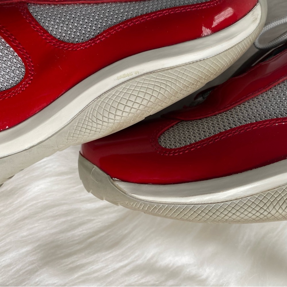 Prada America’s Cup Red Patent Leather & Silver Mesh Lace-Up Men’s Sneakers - Picture 12 of 16